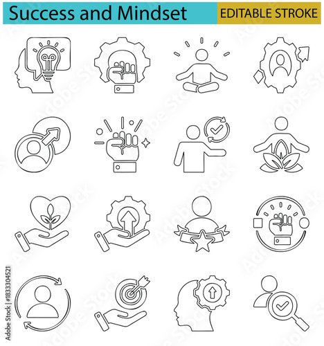 Collection of sixteen outline icons representing business and self improvement