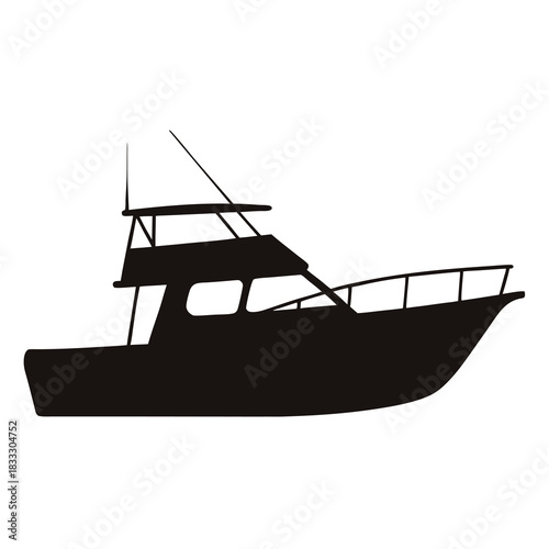 Black silhouette of a modern fishing boat on a white background