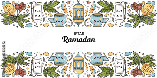 Cute Ramadan Iftar border with festive cartoon elements and Arabic calligraphy