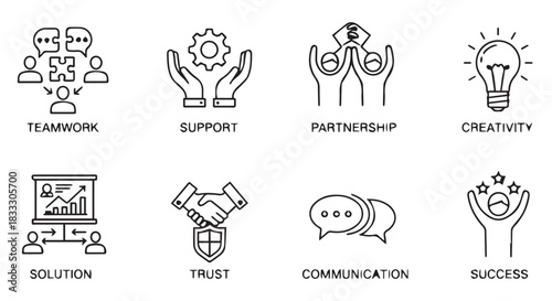 Illustrative Collection of Business and Personal Development Icons Depicting Teamwork, Support, Partnership, Creativity, Solution, Trust, Communication, and Success