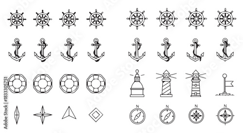Nautical Icons Seamless Pattern Featuring Ship Wheels, Anchors, Life Rings, Lighthouses, Compasses, a Flagpole, and Geometric Shapes on White Background