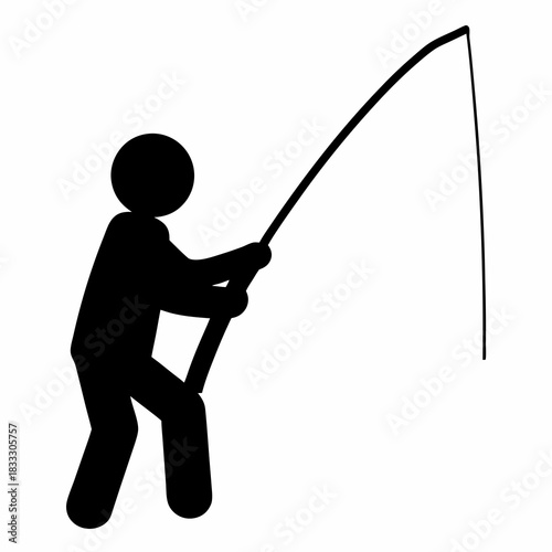 Silhouette of a stick figure enthusiastically fishing with a flexible rod