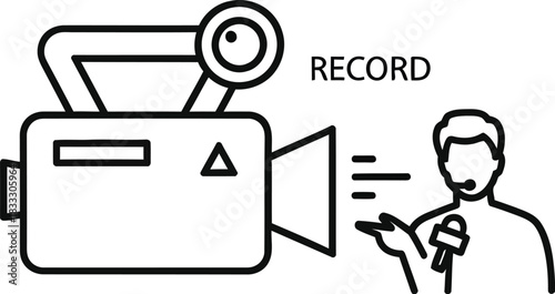 Journalist reporting live with microphone and camera, symbolizing media production and broadcasting.