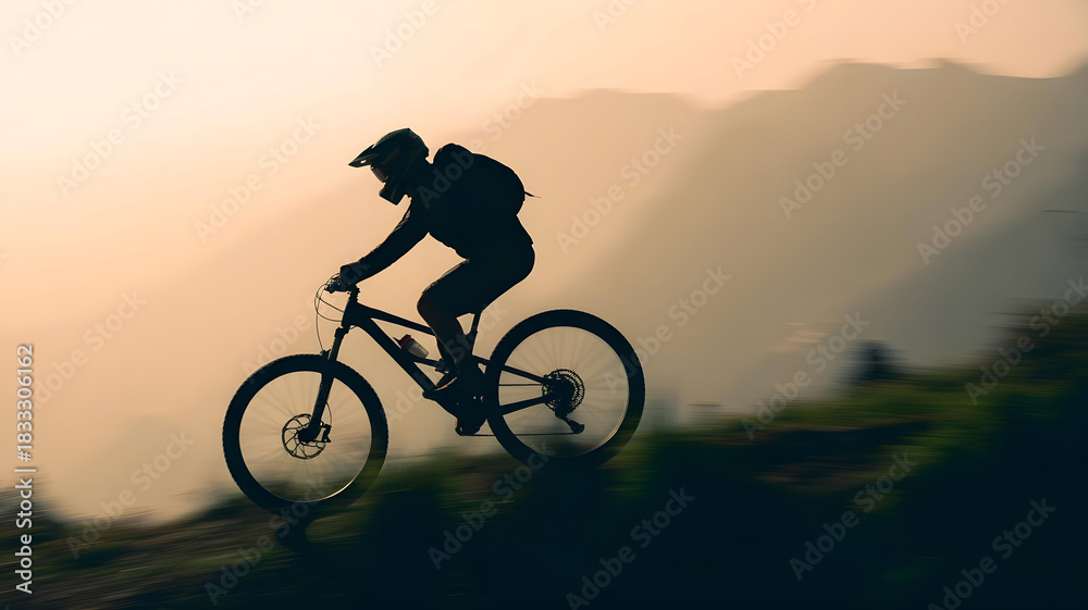 Naklejka premium Silhouette of a mountain biker riding downhill against golden, hazy sunset or sunrise.