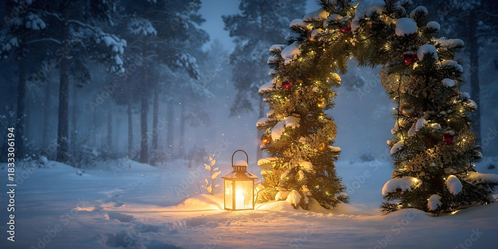 Naklejka premium Festive Christmas arch made of fir branches with string lights, and a lantern with a candle in a snowy night forest.
