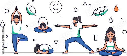 Diverse people practicing yoga poses for health and mindfulness