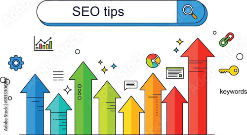 Digital marketing growth chart with SEO tips and upward arrows
