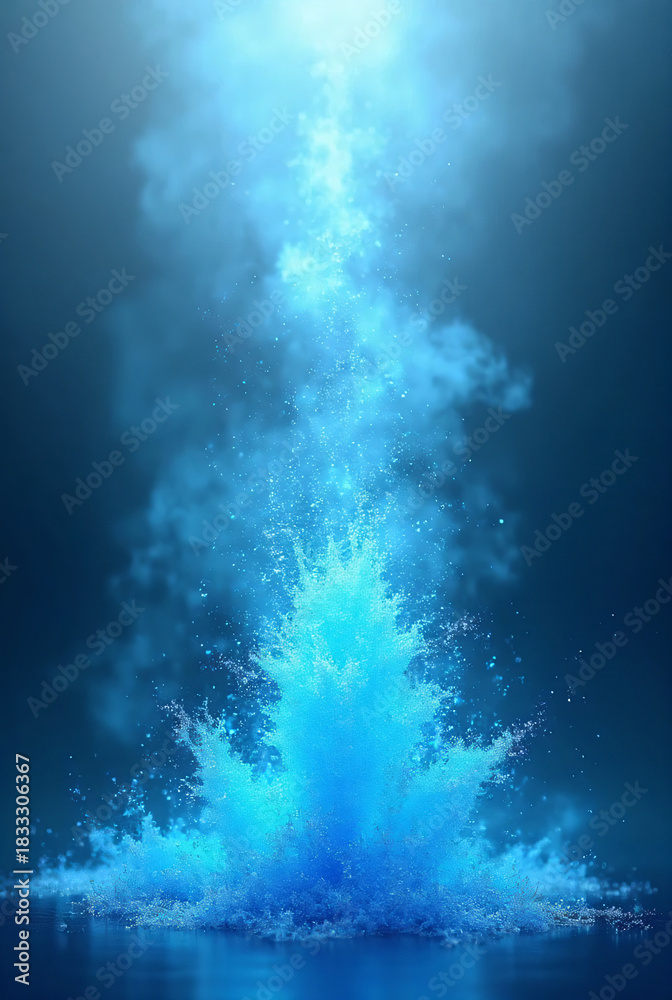 Naklejka premium A vibrant luminous blue splash erupts upwards creating a dynamic visual spectacle