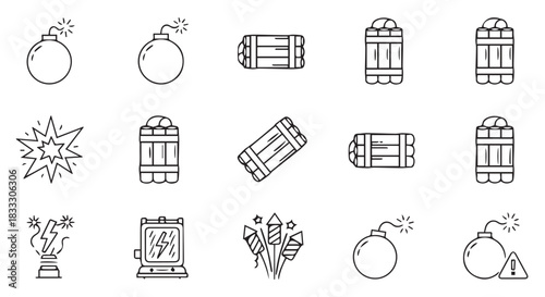 A Collection of Explosives and Electrical Hazards in a Black and White Line Art Style Illustration Displayed Neatly