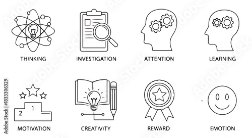Line Art Icons Representing Cognitive Skills and Processes Such as Thinking, Investigation, Attention, and Learning