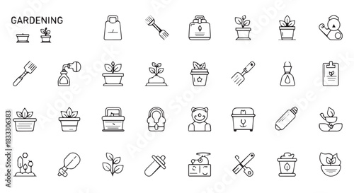 Gardening tools and plants vector linear icons set, depicting diverse aspects of horticulture and landscaping essentials for garden maintenance and cultivation