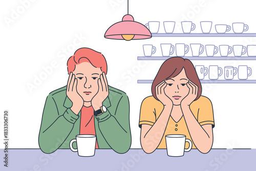 Two bored people sit at a counter with mugs in front of them, looking uninspired.