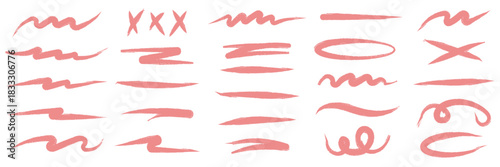 Black underline chalk brush strokes with pencil line crayon texture for handdrawn designs and markings. Rough wavy zigzag patterns or straight horizontal elements. Artistic sketch isolated on white