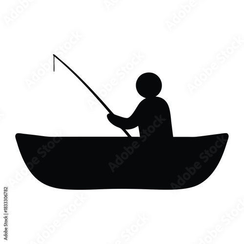 Silhouette of a person fishing in a boat on a white background