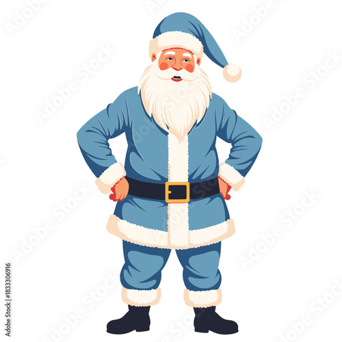 White Santa Claus in blue winter outfit standing with hands on hips in flat vector style for Christmas holiday - seasonal variation - cartoon design