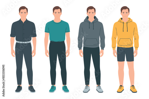 Four men stand side-by-side displaying different casual and formal attire for various occasions.