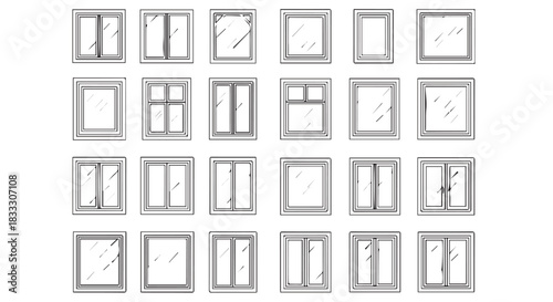 Architectural Study A Visual Compendium of Diverse Window Styles for Building Design and Construction Documentation purposes.
