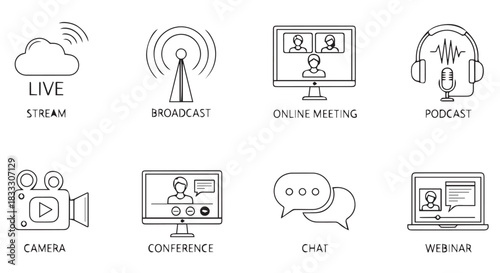 Online Communication and Broadcasting Line Icons Featuring Live Streaming, Podcast, Webinar, Chat, Conference, and Meeting