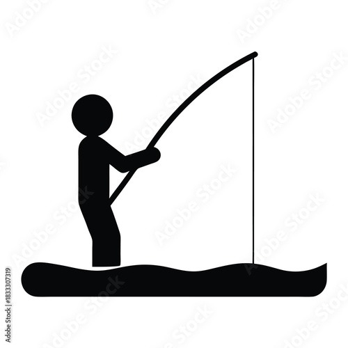 A simple black and white silhouette of a person fishing in water