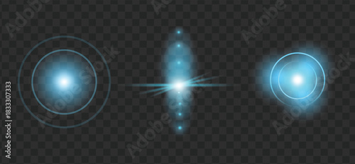 Collection of three bright blue lens flare and light effect elements isolated on transparent background