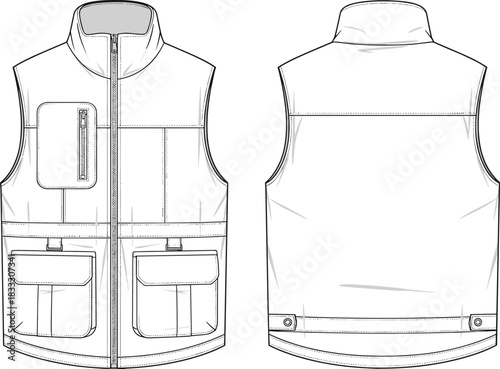 Technical flat sketch drawing vector illustration template, classic men's outdoor utility vest jacket, multi-pocket sleeveless outerwear garment design, apparel fashion design CAD, isolated on white.