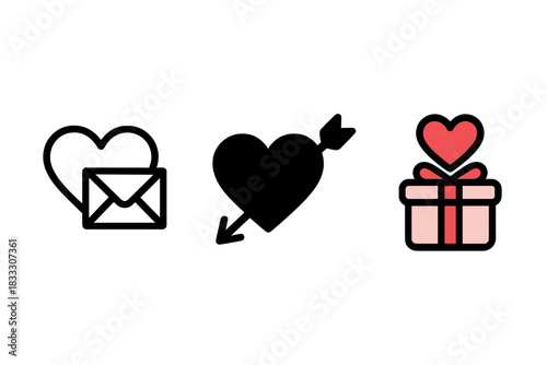 Three romantic symbols: heart envelope, arrow pierced heart, and gift box with heart shape