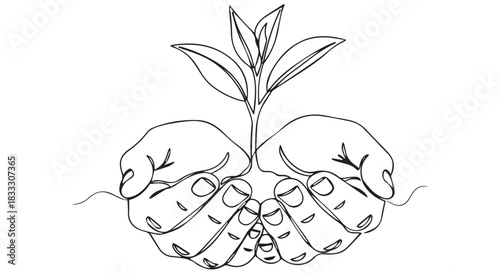 A continuous line drawing of hands cradling a young plant, symbolizing growth, hope, and environmental stewardship