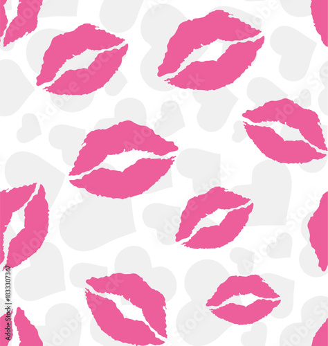 Seamless Pattern of Lipstick Kiss Prints on leopard animal skin Background 