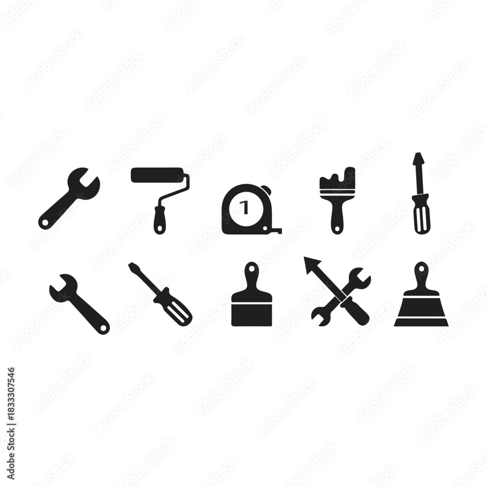 Fototapeta premium Set of black icons representing various tools and diy equipment