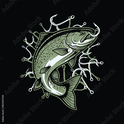 Vintage Fishing Hook with Fish engraving outline vector art illustration design, Fish silhouette, hand drawn, line art fish design	