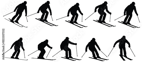 Skier Silhouette Set Featuring Athletes in Dynamic Motion, Downhill Skiing Poses, Winter Sports Actions, Extreme Snow Adventure Elements, and Clean Black Icons for Outdoor Design Use