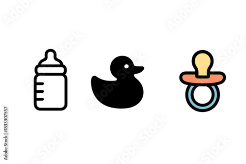 Essential baby care items: feeding bottle, rubber duck, and pacifier symbols