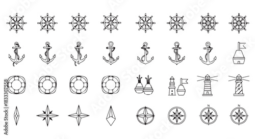 Nautical Seamless Pattern with Ship Wheels, Anchors, Life Rings, Compass Roses, and Lighthouses in Black and White