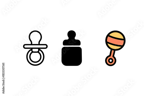 Essential baby care items set featuring pacifier, feeding bottle, and colorful rattle symbols