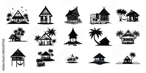 Collection of black and white tropical hut illustrations in various styles