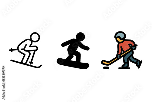 Minimalist set of winter sports activities including skiing snowboarding and ice hockey
