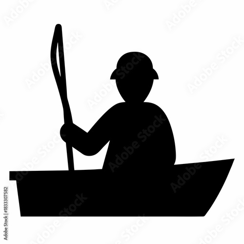 Silhouette of person in a boat rowing with a paddle in black