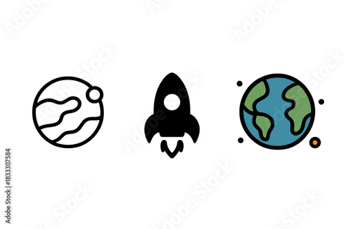 Simple graphic icons representing space travel, Earth, launching rocket, and a celestial body outline