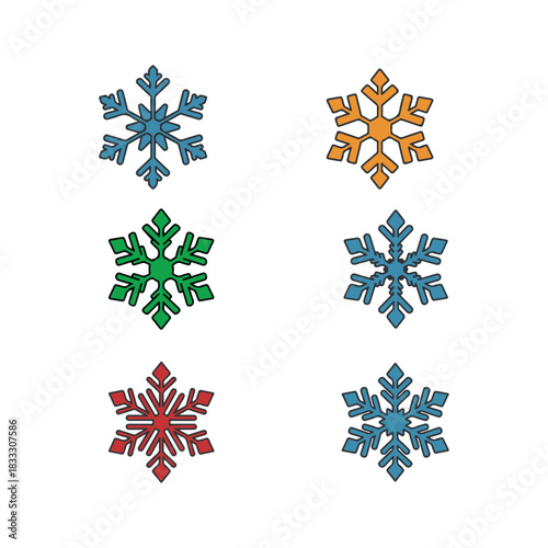 Collection of colorful snowflake icons on a white background