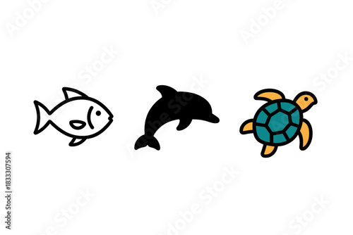 Simple icon set featuring marine animals like fish, dolphin, and sea turtle