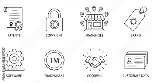 Intellectual Property and Business Concepts Illustrated in Black and White Patents, Copyright, Franchises, and More