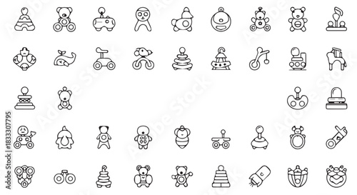 Monochrome Vector Graphics Collection of Children's Toys and Items, Minimalist Outlines, Playful and Engaging Designs, ChildFriendly Illustrations