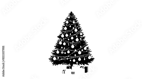 Simple black and white illustration of a decorated Christmas tree with presents works well for holiday greeting card designs.