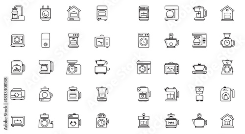 Collection of Line Art Household Appliances, Featuring Coffee Makers, Washing Machines, Toasters, and More Isolated on a White Background