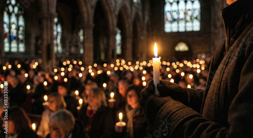 Crowd of people holding lit candles during a church service or vigil at night, A Symbol of Faith and Prayer