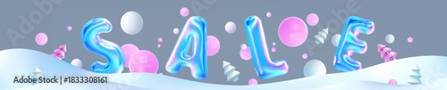 Sale winter background. 3d snowdrift podium, hologram sale text, Christmas balls round decoration. Winter season holiday banner for Xmas, New Year sales, discount. Vector illustration