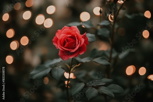 Red rose with warm bokeh background. AI image
