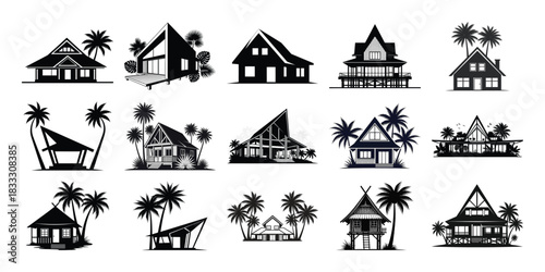 Diverse collection of traditional asian house silhouettes with palm trees
