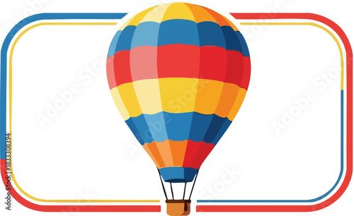 A colorful hot air balloon illustration with a playful frame, inviting adventure and travel