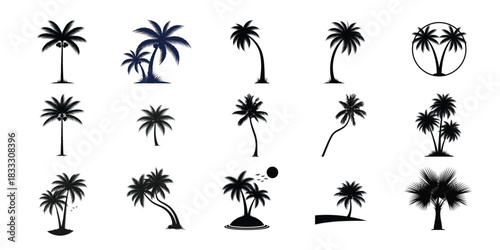 Collection of black palm tree silhouettes on white background